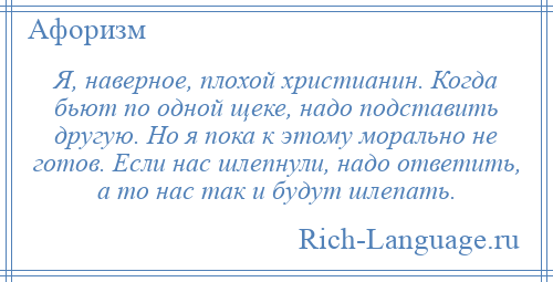 
    Я, наверное, плохой христианин. Когда бьют по одной щеке, надо подставить другую. Но я пока к этому морально не готов. Если нас шлепнули, надо ответить, а то нас так и будут шлепать.