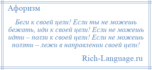 
    Беги к своей цели! Если ты не можешь бежать, иди к своей цели! Если не можешь идти – ползи к своей цели! Если не можешь ползти – лежи в направлении своей цели!