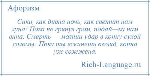 
    Саки, как дивна ночь, как светит нам луна! Пока не грянул гром, подай—ка нам вина. Смерть — молнии удар в копну сухой соломы: Пока ты вскинешь взгляд, копна уж сожжена.