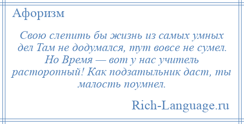 
    Свою слепить бы жизнь из самых умных дел Там не додумался, тут вовсе не сумел. Но Время — вот у нас учитель расторопный! Как подзатыльник даст, ты малость поумнел.