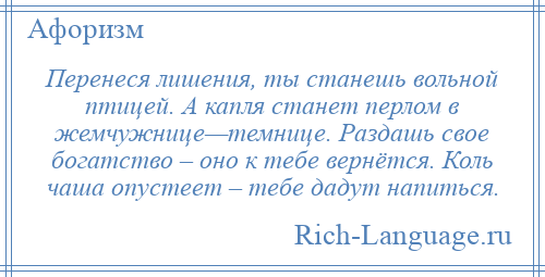 
    Перенеся лишения, ты станешь вольной птицей. А капля станет перлом в жемчужнице—темнице. Раздашь свое богатство – оно к тебе вернётся. Коль чаша опустеет – тебе дадут напиться.