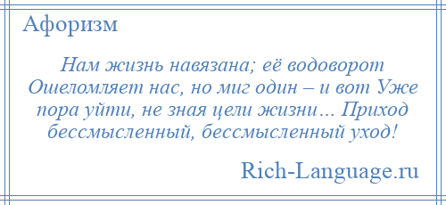 
    Нам жизнь навязана; её водоворот Ошеломляет нас, но миг один – и вот Уже пора уйти, не зная цели жизни… Приход бессмысленный, бессмысленный уход!