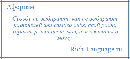 
    Судьбу не выбирают, как не выбирают родителей или самого себя, свой рост, характер, или цвет глаз, или извилины в мозгу.