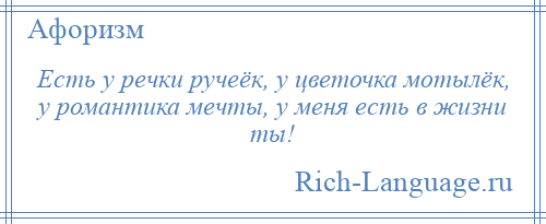 
    Есть у речки ручеёк, у цветочка мотылёк, у романтика мечты, у меня есть в жизни ты!