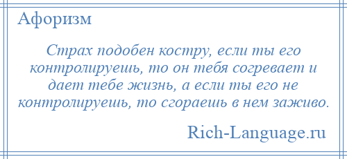 
    Страх подобен костру, если ты его контролируешь, то он тебя согревает и дает тебе жизнь, а если ты его не контролируешь, то сгораешь в нем заживо.