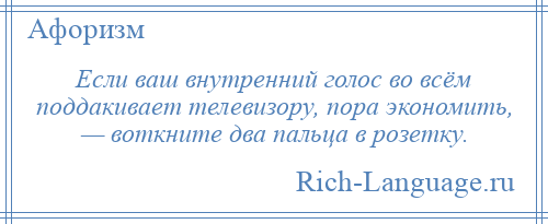 
    Если ваш внутренний голос во всём поддакивает телевизору, пора экономить, — воткните два пальца в розетку.