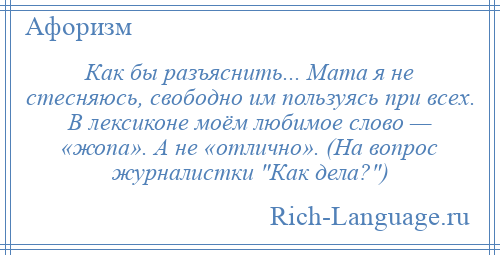 
    Как бы разъяснить... Мата я не стесняюсь, свободно им пользуясь при всех. В лексиконе моём любимое слово — «жопа». А не «отлично». (На вопрос журналистки Как дела? )