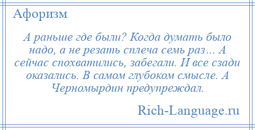 
    А раньше где были? Когда думать было надо, а не резать сплеча семь раз… А сейчас спохватились, забегали. И все сзади оказались. В самом глубоком смысле. А Черномырдин предупреждал.