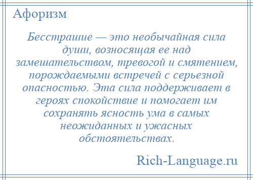 
    Бесстрашие — это необычайная сила души, возносящая ее над замешательством, тревогой и смятением, порождаемыми встречей с серьезной опасностью. Эта сила поддерживает в героях спокойствие и помогает им сохранять ясность ума в самых неожиданных и ужасных обстоятельствах.