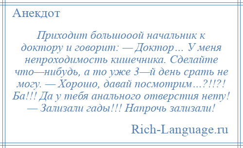 
    Приходит большооой начальник к доктору и говорит: — Доктор… У меня непроходимость кишечника. Сделайте что—нибудь, а то уже 3—й день срать не могу. — Хорошо, давай посмотрим…?!!?! Ба!!! Да у тебя анального отверстия нету! — Зализали гады!!! Напрочь зализали!