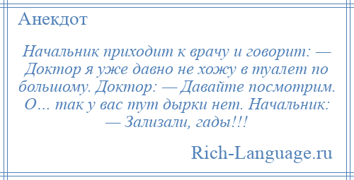 
    Начальник приходит к врачу и говорит: — Доктор я уже давно не хожу в туалет по большому. Доктор: — Давайте посмотрим. О… так у вас тут дырки нет. Начальник: — Зализали, гады!!!