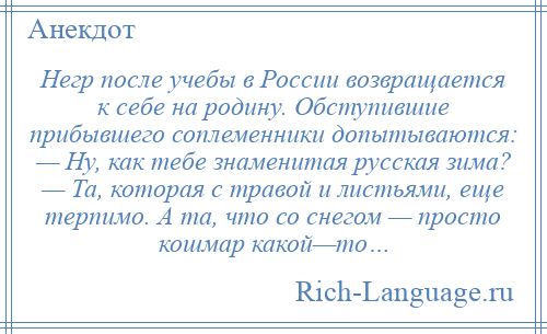 
    Негр после учебы в России возвращается к себе на родину. Обступившие прибывшего соплеменники допытываются: — Ну, как тебе знаменитая русская зима? — Та, которая с травой и листьями, еще терпимо. А та, что со снегом — просто кошмар какой—то…