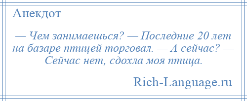 
    — Чем занимаешься? — Последние 20 лет на базаре птицей торговал. — А сейчас? — Сейчас нет, сдохла моя птица.