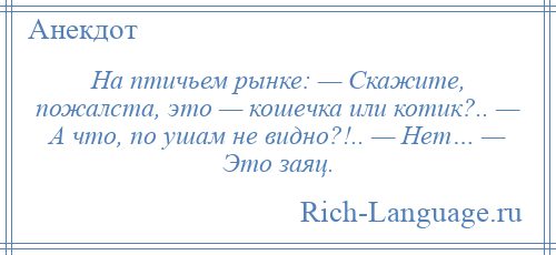 
    На птичьем рынке: — Скажите, пожалста, это — кошечка или котик?.. — А что, по ушам не видно?!.. — Нет… — Это заяц.