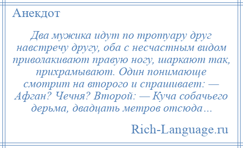 
    Два мужика идут по тротуару друг навстречу другу, оба с несчастным видом приволакивают правую ногу, шаркают так, прихрамывают. Один понимающе смотрит на второго и спрашивает: — Афган? Чечня? Второй: — Куча собачьего дерьма, двадцать метров отсюда…