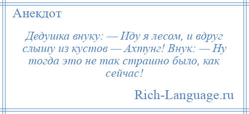 
    Дедушка внуку: — Иду я лесом, и вдруг слышу из кустов — Ахтунг! Внук: — Ну тогда это не так страшно было, как сейчас!