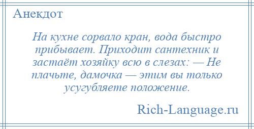 
    На кухне сорвало кран, вода быстро прибывает. Приходит сантехник и застаёт хозяйку всю в слезах: — Не плачьте, дамочка — этим вы только усугубляете положение.