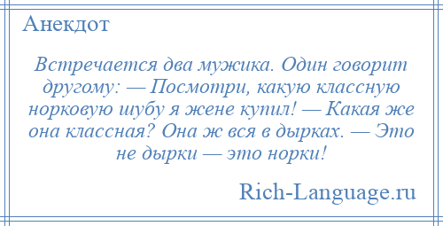 
    Встречается два мужика. Один говорит другому: — Посмотри, какую классную норковую шубу я жене купил! — Какая же она классная? Она ж вся в дырках. — Это не дырки — это норки!