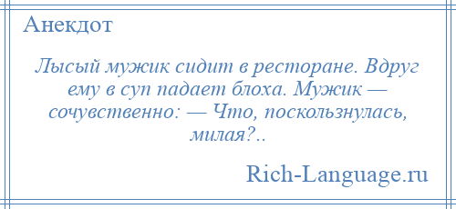 
    Лысый мужик сидит в ресторане. Вдруг ему в суп падает блоха. Мужик — сочувственно: — Что, поскользнулась, милая?..