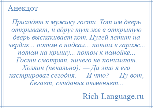 
    Приходят к мужику гости. Тот им дверь открывает, и вдруг тут же в открытую дверь выскакивает кот. Пулей летит на чердак... потом в подвал... потом в гараж... потом на крышу... потом к помойке... Гости смотрят, ничего не понимают. Хозяин (печально): — Да это я его кастрировал сегодня. — И что? — Ну вот, бегает, свиданья отменяет...