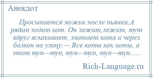 
    Просыпается мужик после пьянки.А рядом ходит кот. Он лежит,лежит, тут вдруг вскакивает, хватает кота и через балкон на улицу.— Все коты как коты, а этот туп—туп, туп—туп, туп—туп......