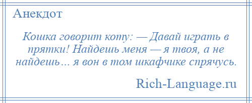 
    Кошка говорит коту: — Давай играть в прятки! Найдешь меня — я твоя, а не найдешь… я вон в том шкафчике спрячусь.