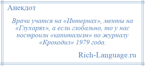 
    Врачи учатся на «Интернах», менты на «Глухарях», а если глобально, то у нас построили «капитализм» по журналу «Крокодил» 1979 года.