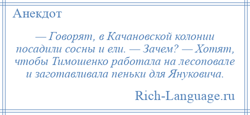 
    — Говорят, в Качановской колонии посадили сосны и ели. — Зачем? — Хотят, чтобы Тимошенко работала на лесоповале и заготавливала пеньки для Януковича.