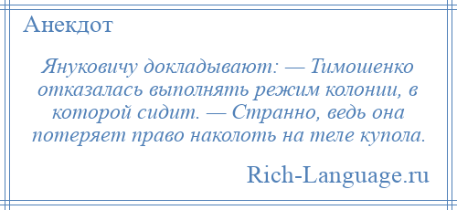 
    Януковичу докладывают: — Тимошенко отказалась выполнять режим колонии, в которой сидит. — Странно, ведь она потеряет право наколоть на теле купола.