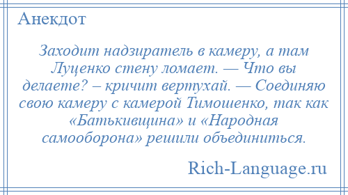 
    Заходит надзиратель в камеру, а там Луценко стену ломает. — Что вы делаете? – кричит вертухай. — Соединяю свою камеру с камерой Тимошенко, так как «Батькивщина» и «Народная самооборона» решили объединиться.