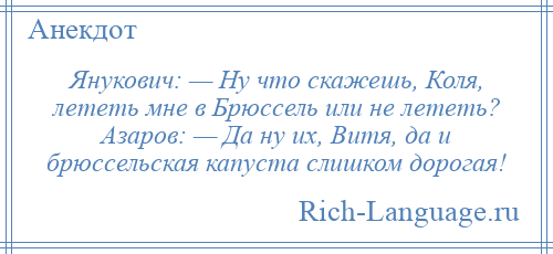 
    Янукович: — Ну что скажешь, Коля, лететь мне в Брюссель или не лететь? Азаров: — Да ну их, Витя, да и брюссельская капуста слишком дорогая!