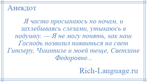 
    Я часто просыпаюсь по ночам, и захлебываясь слезами, утыкаюсь в подушку. — Я не могу понять, как наш Господь позволил появиться на свет Гитлеру, Чикотиле и моей теще, Светлане Федоровне...