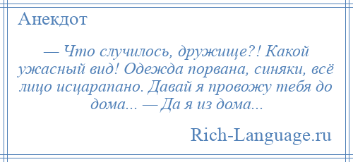 
    — Что случилось, дружище?! Какой ужасный вид! Одежда порвана, синяки, всё лицо исцарапано. Давай я провожу тебя до дома... — Да я из дома...