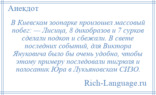 
    В Киевском зоопарке произошел массовый побег: — Лисица, 8 дикобразов и 7 сурков сделали подкоп и сбежали. В свете последних событий, для Виктора Януковича было бы очень удобно, чтобы этому примеру последовали тигрюля и полосатик Юра в Лукьяновском СИЗО.
