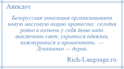 
    Белорусская оппозиция организовывает новую массовую акцию протеста: сегодня ровно в полночь у себя дома надо выключить свет, укрыться одеялом, зажмуриться и прошептать: — Лукашенко — дурак.