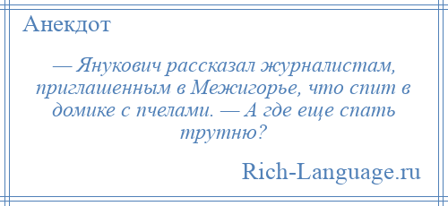 
    — Янукович рассказал журналистам, приглашенным в Межигорье, что спит в домике с пчелами. — А где еще спать трутню?