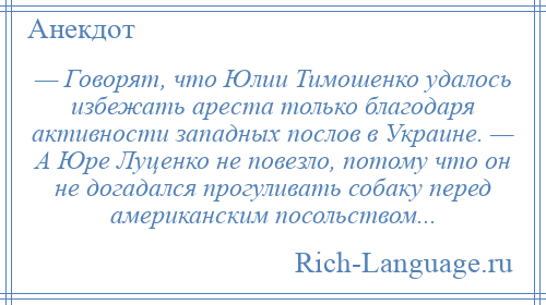 
    — Говорят, что Юлии Тимошенко удалось избежать ареста только благодаря активности западных послов в Украине. — А Юре Луценко не повезло, потому что он не догадался прогуливать собаку перед американским посольством...