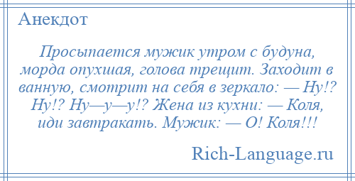 
    Просыпается мужик утром с будуна, морда опухшая, голова трещит. Заходит в ванную, смотрит на себя в зеркало: — Ну!? Ну!? Ну—у—у!? Жена из кухни: — Коля, иди завтракать. Мужик: — О! Коля!!!