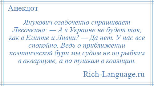
    Янукович озабоченно спрашивает Левочкина: — А в Украине не будет так, как в Египте и Ливии? — Да нет. У нас все спокойно. Ведь о приближении политической бури мы судим не по рыбкам в аквариуме, а по тушкам в коалиции.