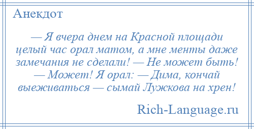 
    — Я вчера днем на Красной площади целый час орал матом, а мне менты даже замечания не сделали! — Не может быть! — Может! Я орал: — Дима, кончай выеживаться — сымай Лужкова на хрен!