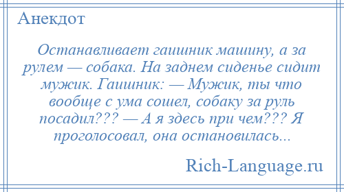 
    Останавливает гаишник машину, а за рулем — собака. На заднем сиденье сидит мужик. Гаишник: — Мужик, ты что вообще с ума сошел, собаку за руль посадил??? — А я здесь при чем??? Я проголосовал, она остановилась...