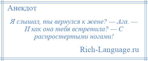 
    Я слышал, ты вернулся к жене? — Ага. — И как она тебя встретила? — С распростертыми ногами!