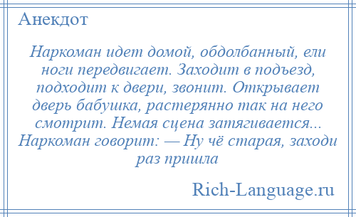 
    Наркоман идет домой, обдолбанный, ели ноги передвигает. Заходит в подъезд, подходит к двери, звонит. Открывает дверь бабушка, растерянно так на него смотрит. Немая сцена затягивается... Наркоман говорит: — Ну чё старая, заходи раз пришла