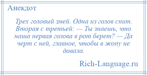 
    Трех головый змей. Одна из голов спит. Вторая с третьей: — Ты знаешь, что наша первая голова в рот берет? — Да черт с ней, главное, чтобы в жопу не давала.