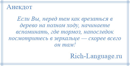 
    Если Вы, перед тем как врезаться в дерево на полном ходу, начинаете вспоминать, где тормоз, напоследок посмотритесь в зеркальце — скорее всего он там!