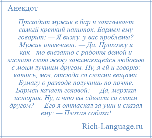 
    Приходит мужик в бар и заказывает самый крепкий напиток. Бармен ему говорит: — Я вижу, у вас проблемы? Мужик отвечает: — Да. Прихожу я как—то внезапно с работы домой и застаю свою жену занимающейся любовью с моим лучшим другом. Ну, я ей и говорю: катись, мол, отсюда со своими вещами. Бумагу о разводе получишь по почте. Бармен качает головой: — Да, мерзкая история. Ну, а что вы сделали со своим другом? — Его я оттаскал за уши и сказал ему: — Плохая собака!
