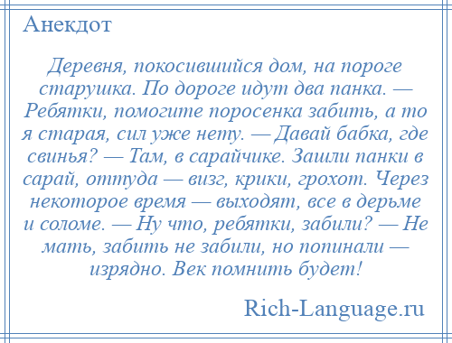 
    Деревня, покосившийся дом, на пороге старушка. По дороге идут два панка. — Ребятки, помогите поросенка забить, а то я старая, сил уже нету. — Давай бабка, где свинья? — Там, в сарайчике. Зашли панки в сарай, оттуда — визг, крики, грохот. Через некоторое время — выходят, все в дерьме и соломе. — Hу что, ребятки, забили? — Hе мать, забить не забили, но попинали — изрядно. Век помнить будет!