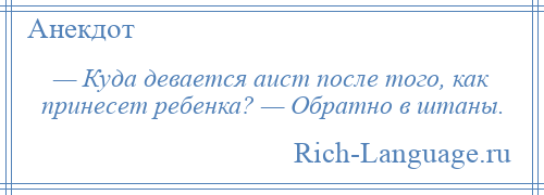 
    — Куда девается аист после того, как принесет ребенка? — Обратно в штаны.