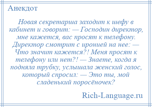 
    Новая секретарша заходит к шефу в кабинет и говорит: — Господин директор, мне кажется, вас просят к телефону. Директор смотрит с иронией на нее: — Что значит кажется?! Меня просят к телефону или нет?! — Знаете, когда я подняла трубку, услышала женский голос, который спросил: — Это ты, мой сладенький поросёночек?