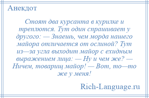 
    Стоят два курсанта в курилке и треплются. Тут один спрашивает у другого: — Знаешь, чем морда нашего майора отличается от ослиной? Тут из—за угла выходит майор с ехидным выражением лица: — Ну и чем же? — Ничем, товарищ майор! — Вот, то—то же у меня!